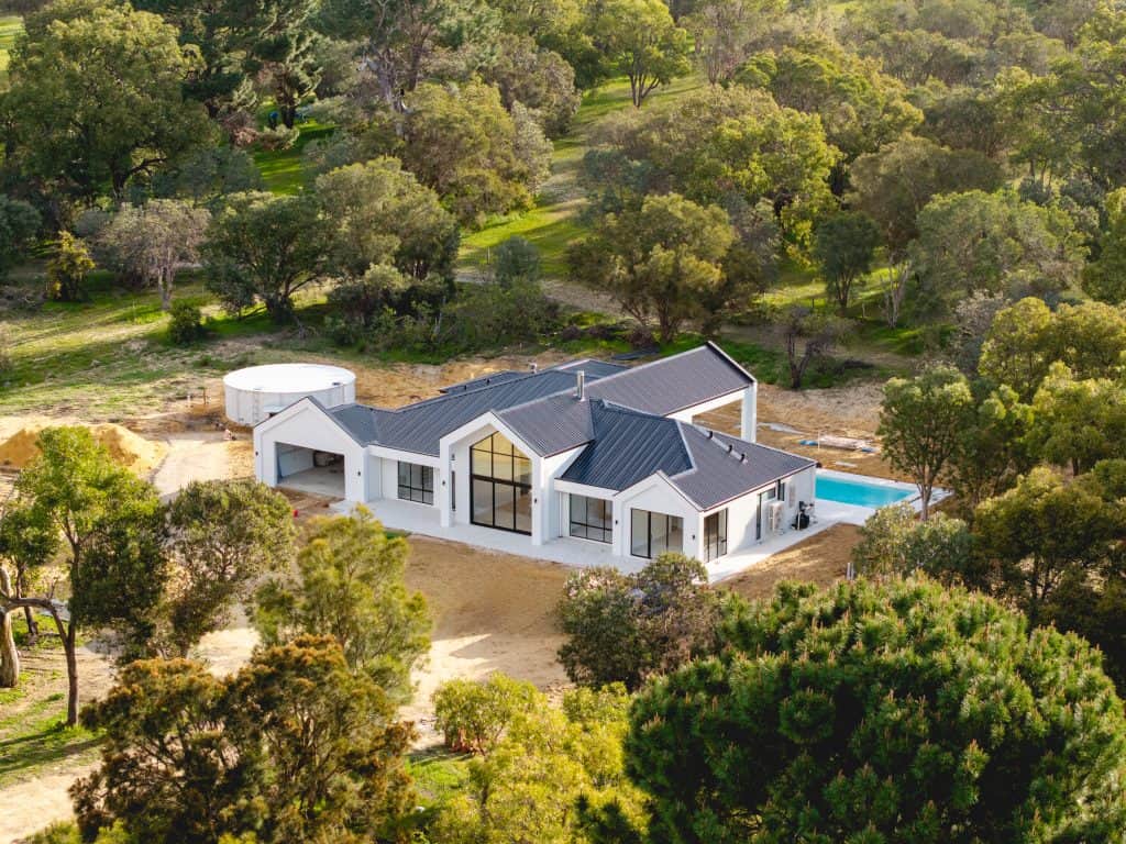 Aerial view of the single-storey acreage home in Karnup built by Skytree Homes